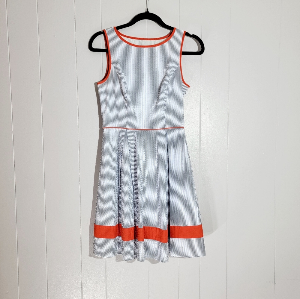 Jessica Simpson Sleeveless Seersucker Dress Blue and White Stripe Orange Trim 4